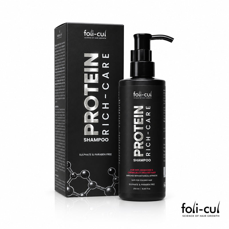 A bottle and box of foli-cul Protein Rich-Care Shampoo on a clean white background.