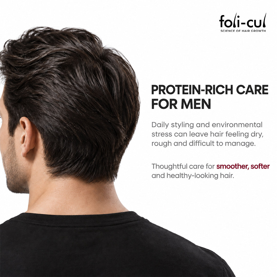 A man shown from the back with styled dark hair, alongside marketing text for foli-cul protein-rich care for men on a white background.