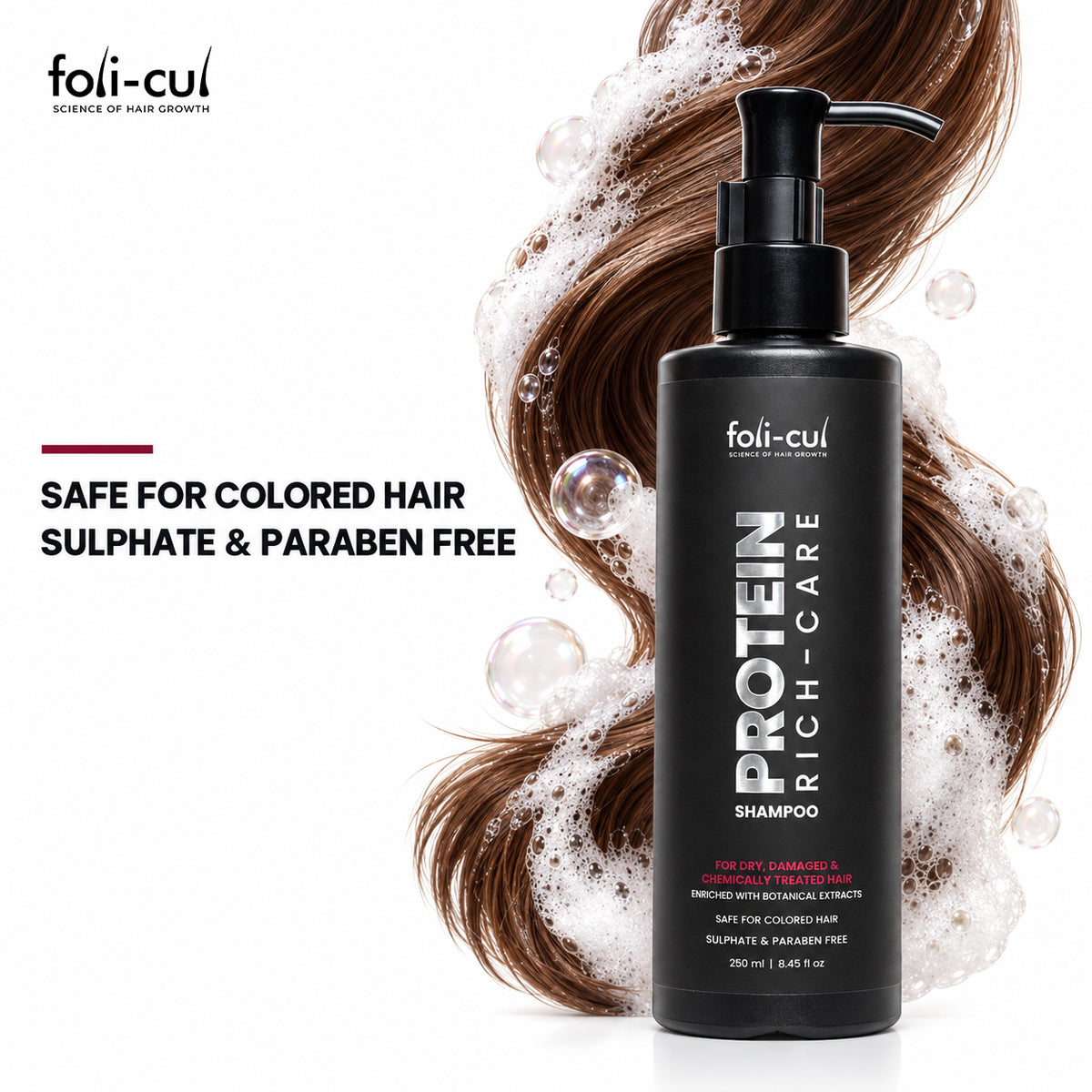 A bottle of foli-cul Protein Rich-Care Shampoo shown on a white background with styled brown hair and foam bubbles. Text on the left reads 'SAFE FOR COLORED HAIR SULPHATE & PARABEN FREE'.