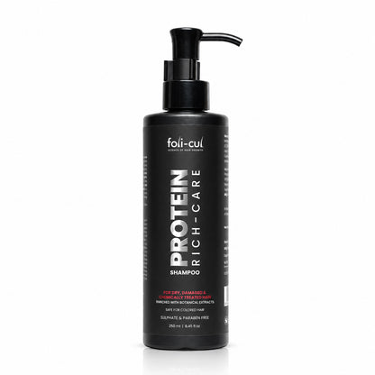 A black pump bottle of foli-cul Protein Rich-Care Shampoo, featuring white and red text on a clean white background.