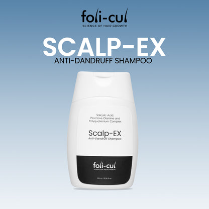 Foli-Cul Scalp-EX Anti-Dandruff Shampoo bottle on a light blue background