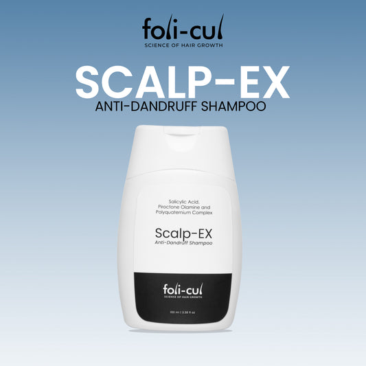 Foli-Cul Scalp-EX Anti-Dandruff Shampoo bottle on a light blue background