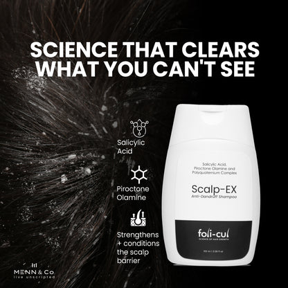 Foli-Cul Scalp-EX shampoo bottle with text about its ingredients and benefits on a dark background.
