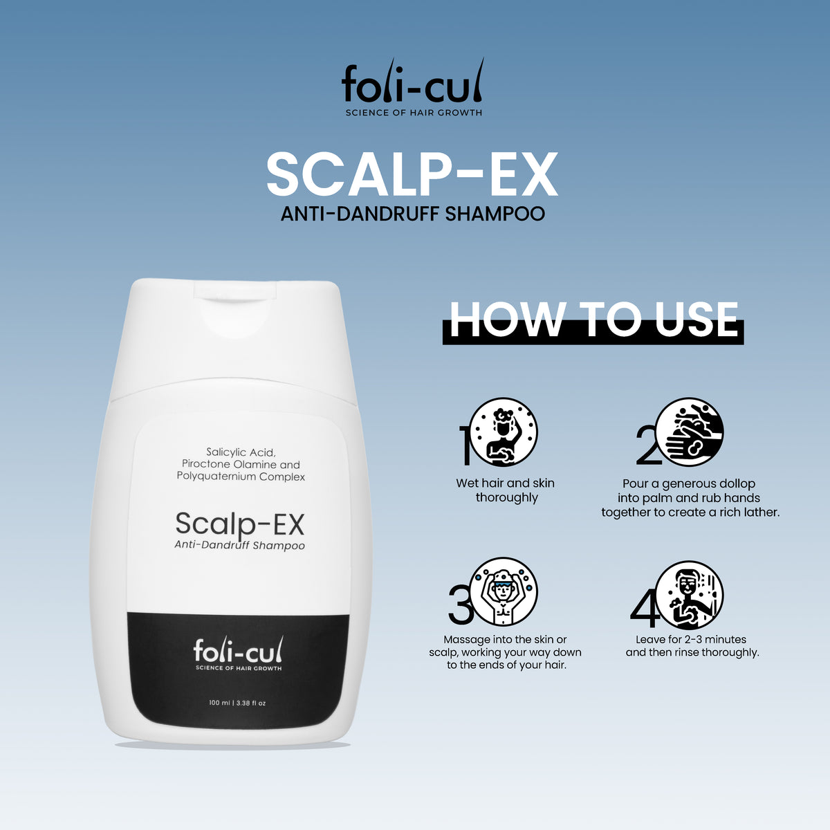 Foli-Cul Scalp-EX Anti-Dandruff Shampoo bottle with usage instructions on a blue background
