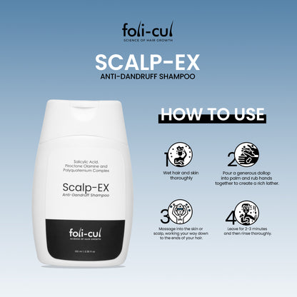 Foli-Cul Scalp-EX Anti-Dandruff Shampoo bottle with usage instructions on a blue background