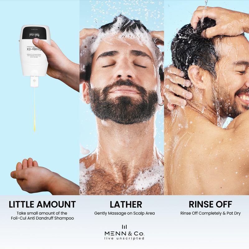 Two men washing their hair with shampoo, demonstrating the use of Menn & Co. product.