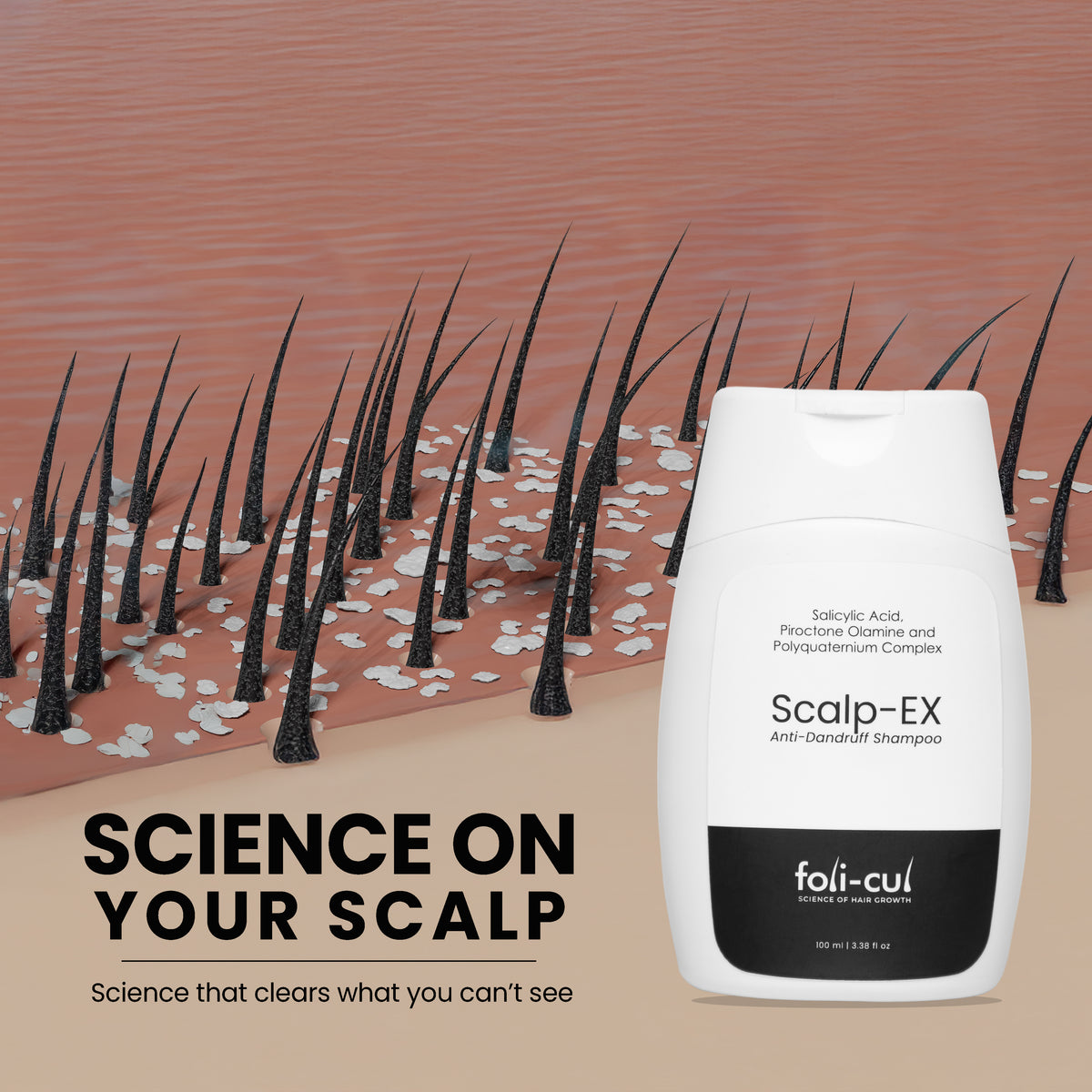 Foli-Cul Scalp-EX shampoo bottle with illustration of scalp and hair on a brown background