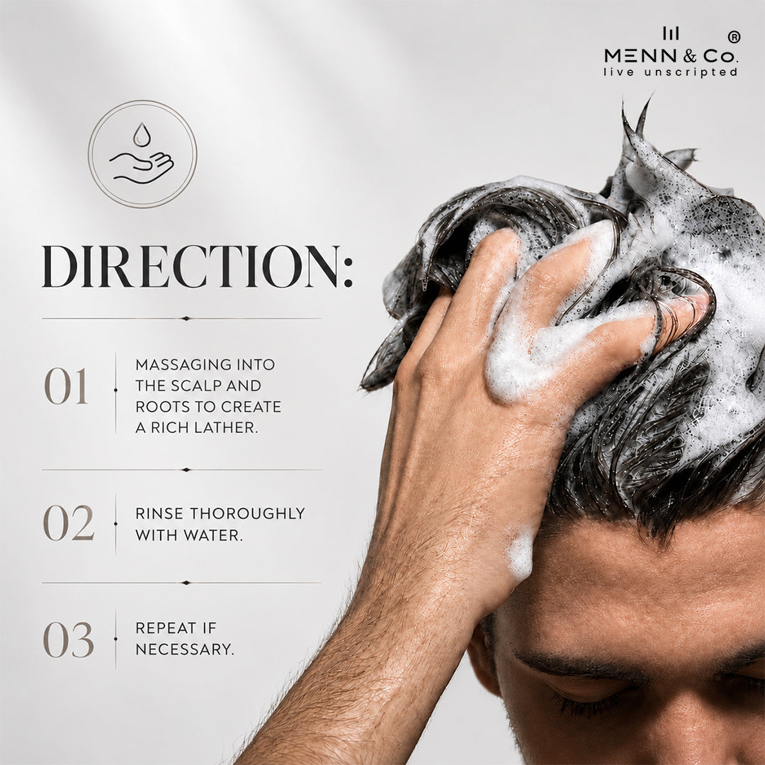 Instructional graphic for Menn & Co live unscripted shampoo showing a man washing his scalp with lather, alongside step-by-step directions on a light gray background.