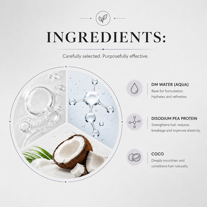 Ingredient information graphic for a hair care product, featuring a circular inset with water droplets and a halved coconut, alongside text listing DM water, disodium pea protein, and coco.