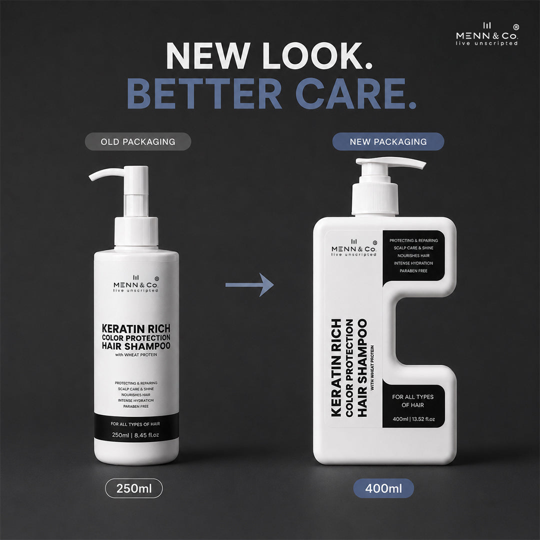 Menn & Co Keratin Rich Color Protection Hair Shampoo shown in a before-and-after packaging comparison. The left side shows the old 250ml pump bottle, and the right side shows the new 400ml compact U-shaped bottle with a white body, black label, and pump dispenser, set against a dark gray background with promotional text.