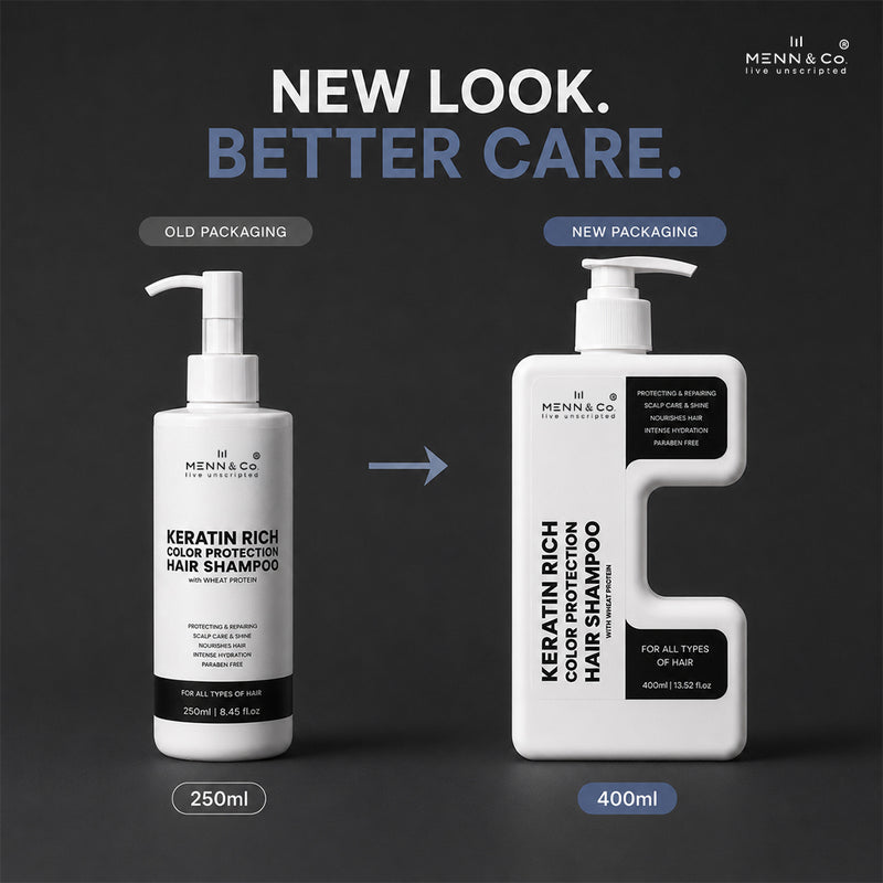 Menn & Co Keratin Rich Color Protection Hair Shampoo shown in a before-and-after packaging comparison. The left side shows the old 250ml pump bottle, and the right side shows the new 400ml compact U-shaped bottle with a white body, black label, and pump dispenser, set against a dark gray background with promotional text.
