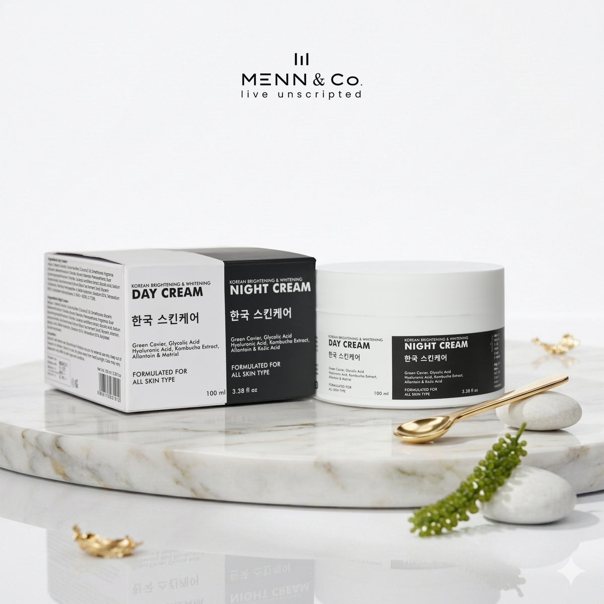 Menn & Co Korean Skin Brightening day and night cream Box on a marble surface with decorative elements.