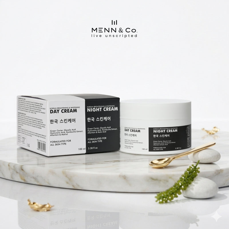 Menn & Co Korean Skin Brightening day and night cream Box on a marble surface with decorative elements.