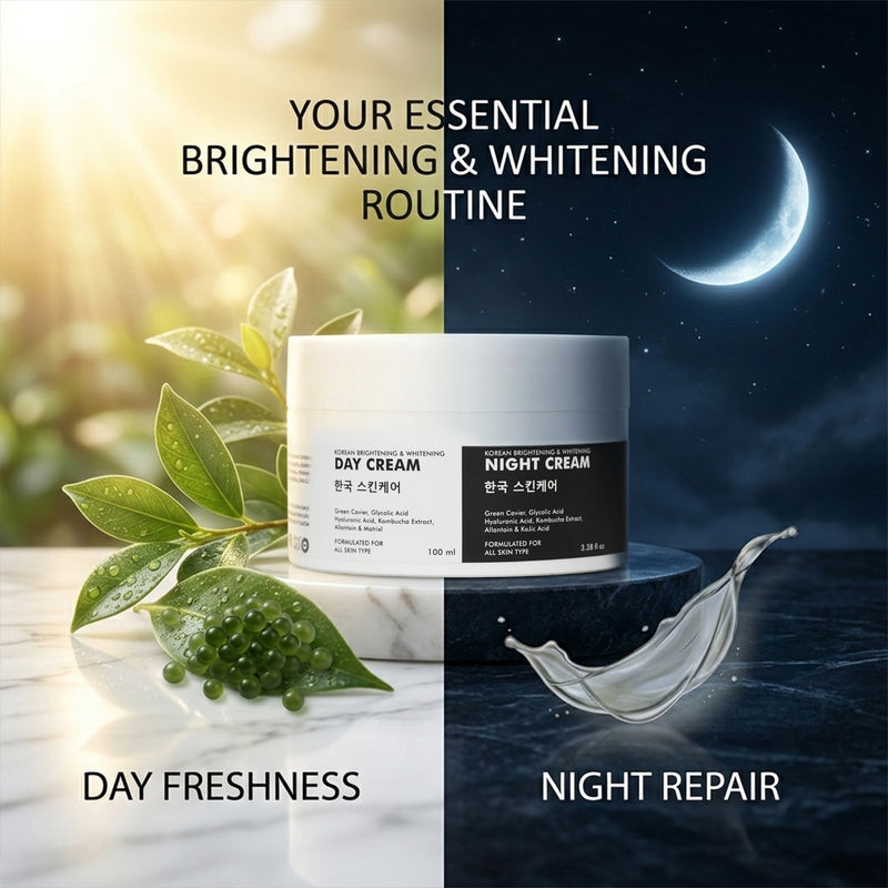 Two skincare cream jars with labels for day and night use, surrounded by nature elements.