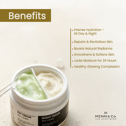 Two-part Korean skin brightening cream box for day & Night with benefits listed on a light background, featuring Menn & Co brand.