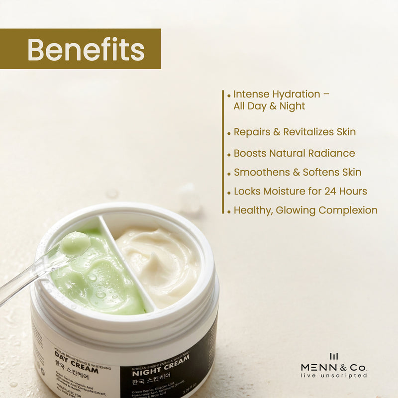 Two-part Korean skin brightening cream box for day & Night with benefits listed on a light background, featuring Menn & Co brand.