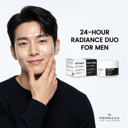 Man applying Menn & Co Korean Skin brightening cream to his face with skincare products in the background, featuring '24-Hour Radiance Duo for Men' by Menn & Co.
