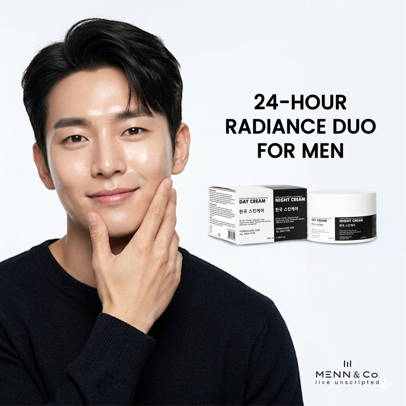 Man applying Menn & Co Korean Skin brightening cream to his face with skincare products in the background, featuring '24-Hour Radiance Duo for Men' by Menn & Co.