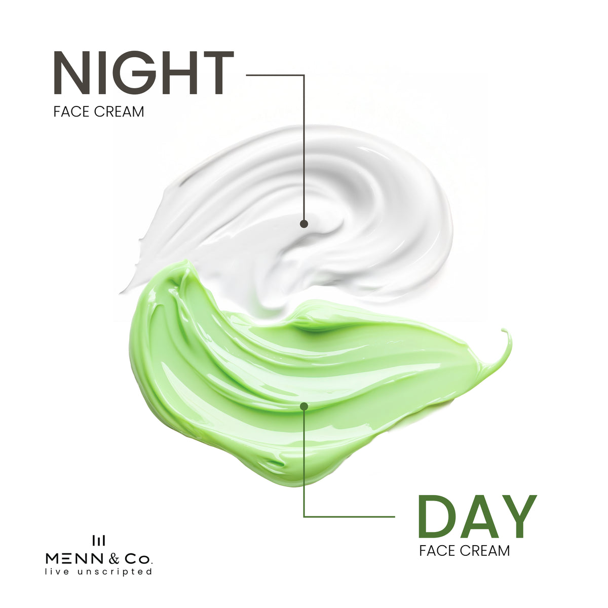 Two swatches of night and day face cream with 'Menn & Co' branding on a white background.