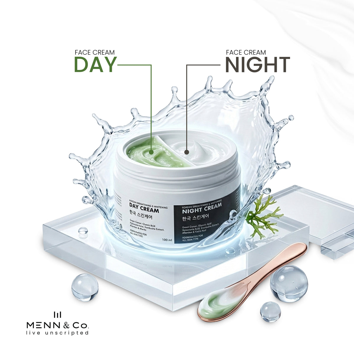 One box of Menn & Co. Korean Skin brightening face cream, one part labeled 'Day Cream' and the other part 'Night Cream', surrounded by water droplets on a white background.