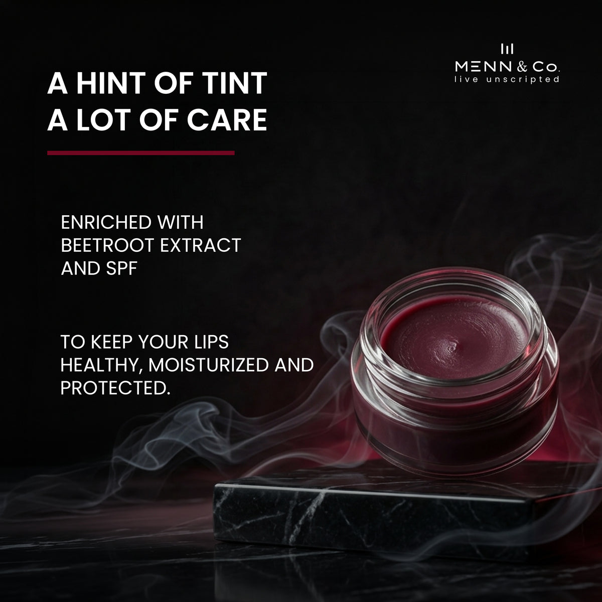 Lip balm jar with text about ingredients and benefits on a dark background
