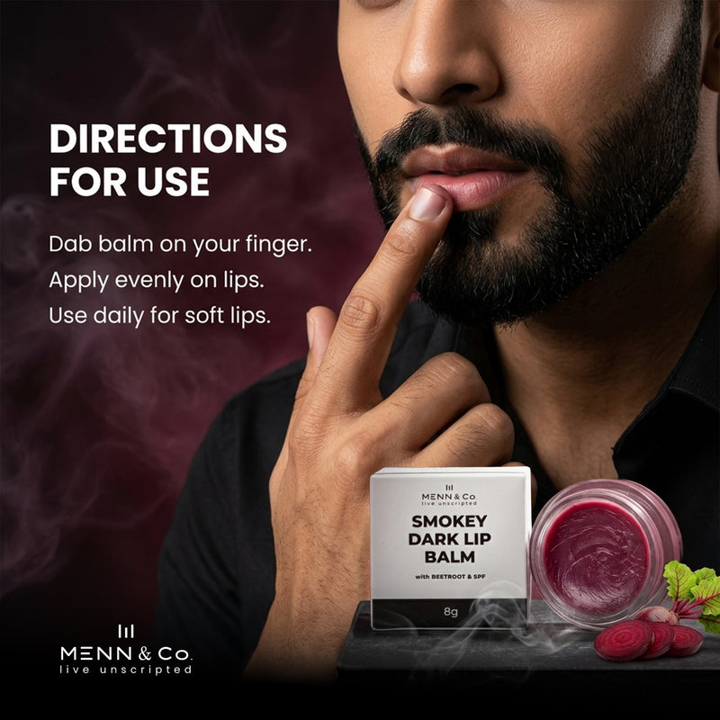 Lip balm product with application instructions and a man using it.