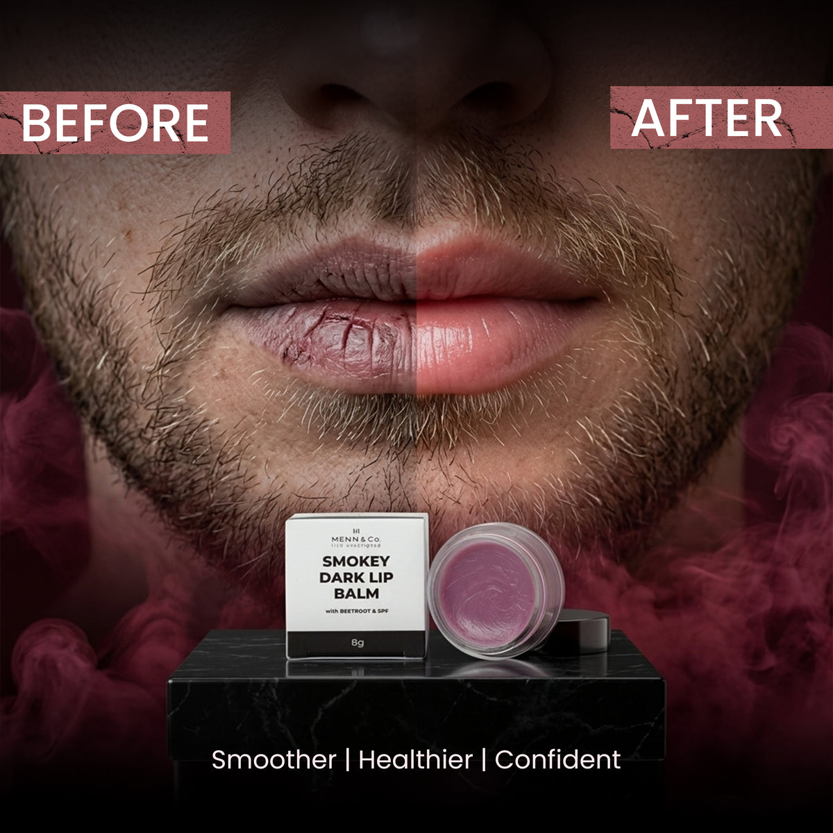 Before and after comparison of a man's lips with a lip balm product displayed.