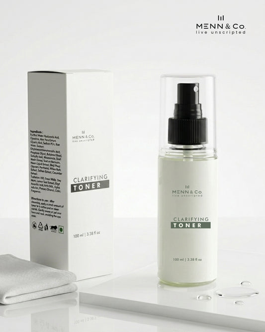 Minimalist skincare packaging featuring MENN & Co. Clarifying Toner spray bottle and box, highlighting clean beauty and hydration.