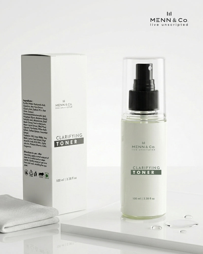 Minimalist skincare packaging featuring MENN & Co. Clarifying Toner spray bottle and box, highlighting clean beauty and hydration.