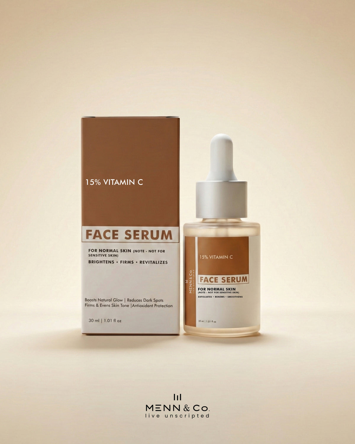 Menn & Co 15% Vitamin C face serum with packaging on a beige background