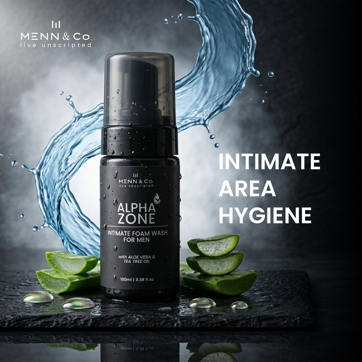 Menn & Co Alpha Zone intimate foam wash bottle with aloe vera slices on a dark background