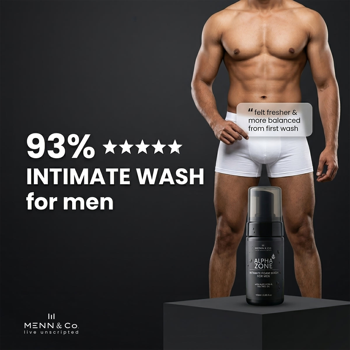 Menn & Co intimate wash for men with a man in white underwear on a black background