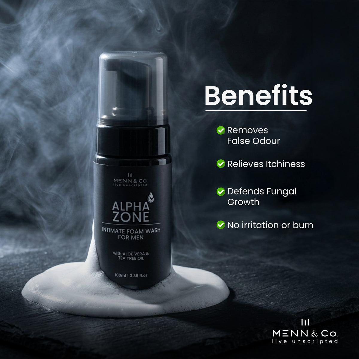 Menn & Co Alpha Zone intimate foam wash bottle with smoke effect and benefits listed on a dark background