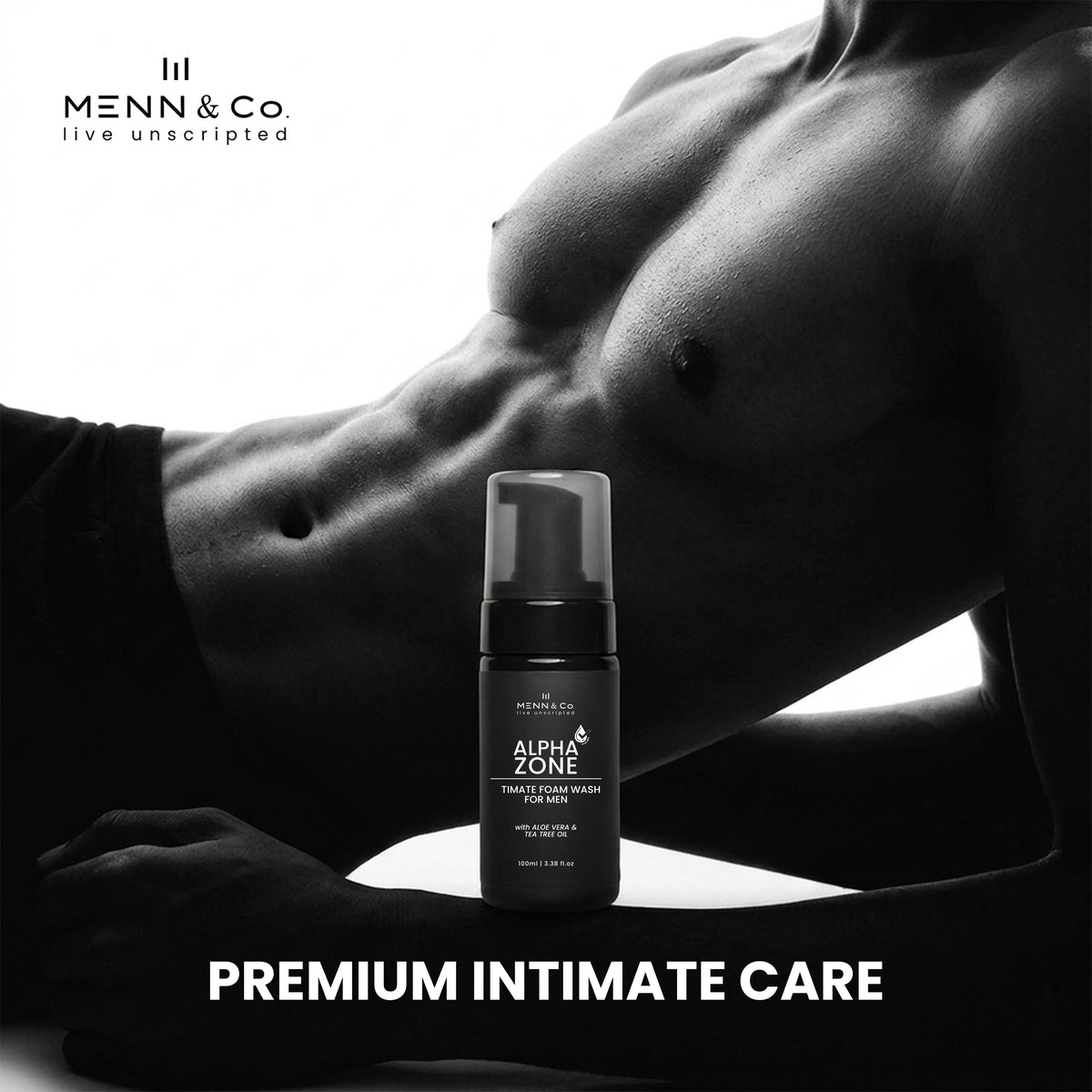 Menn & Co Alpha Zone intimate foam wash for men product with a shirtless person on a black and white background