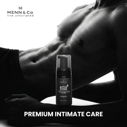 Menn & Co Alpha Zone intimate foam wash for men product with a shirtless person on a black and white background