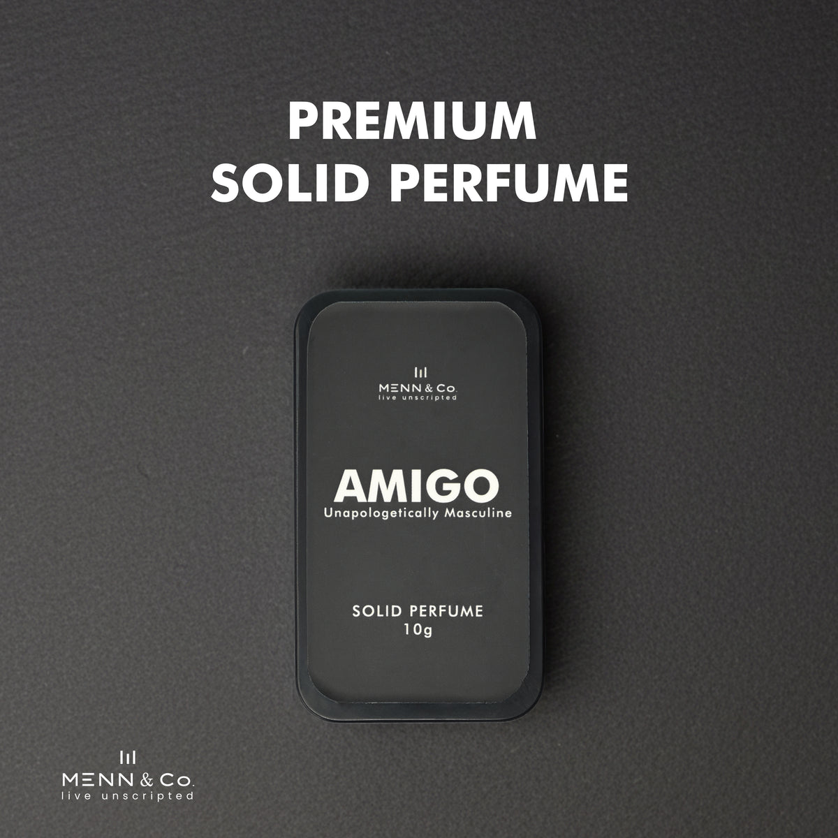 Amigo solid perfume container with 'Menn & Co' branding on a gray background