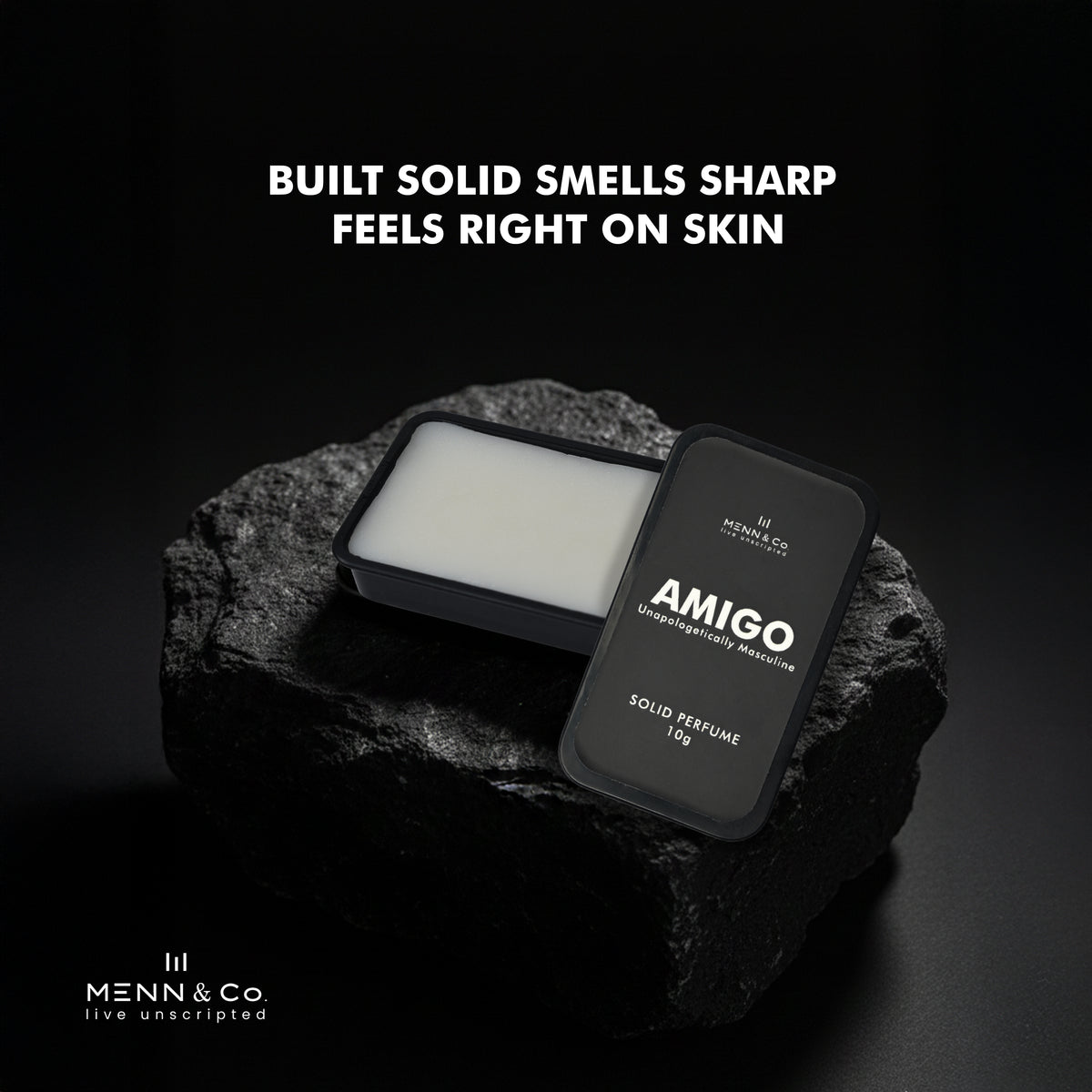 Amigo Solid perfume bar and packaging on a dark background with text about the product's qualities.
