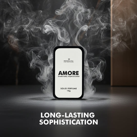 Solid perfume packaging with smoke effect and text 'AMORE' on a dark background