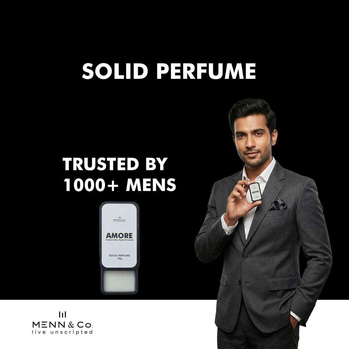 Man in a suit holding a solid perfume stick with text about trustworthiness and brand name.