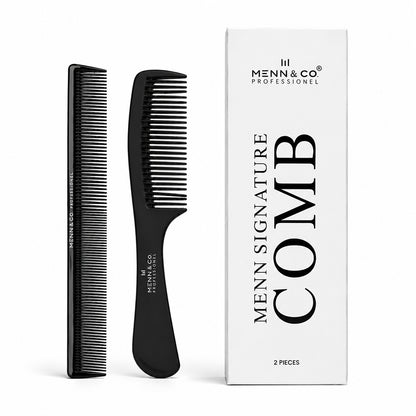A black professional hair comb shown from two angles next to its white retail box, featuring the brand name 'MENN & CO PROFESSIONEL' and the text 'MENN SIGNATURE COMB 2 PIECES'.