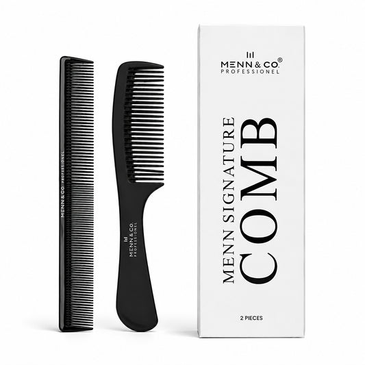 A black professional hair comb shown from two angles next to its white retail box, featuring the brand name 'MENN & CO PROFESSIONEL' and the text 'MENN SIGNATURE COMB 2 PIECES'.