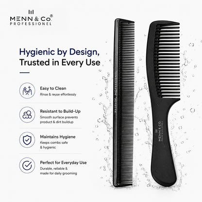 Two black hair combs from Menn & Co Professional shown on a white background with water splash graphics and marketing text. One comb is straight and narrow, and the other is a wider-toothed styling comb.