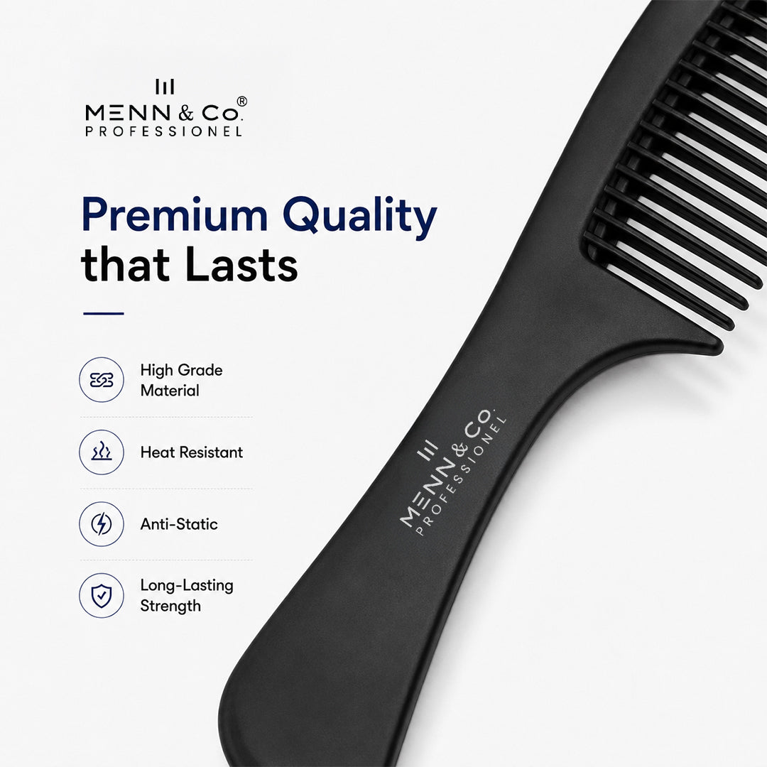 A black wide-tooth comb from Menn & Co Professional shown diagonally on a white background, with product text and feature icons along the left side.
