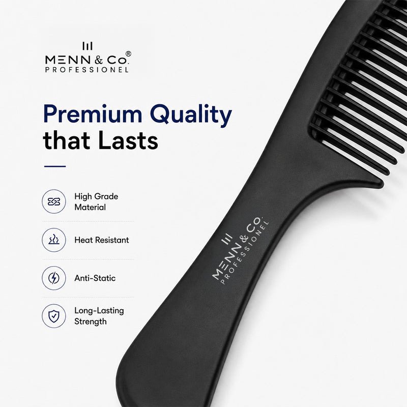 A black wide-tooth comb from Menn & Co Professional shown diagonally on a white background, with product text and feature icons along the left side.