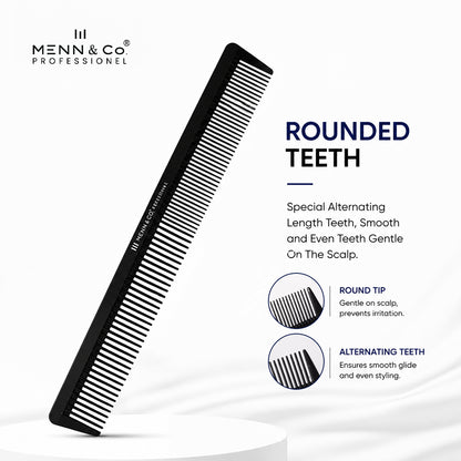 A black Menn & Co Professional styling comb with rounded teeth, shown at an angle on a white pedestal with product feature callouts and text on a white background.