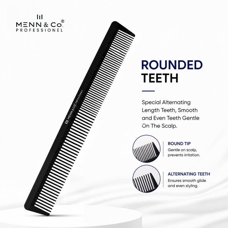 A black Menn & Co Professional styling comb with rounded teeth, shown at an angle on a white pedestal with product feature callouts and text on a white background.