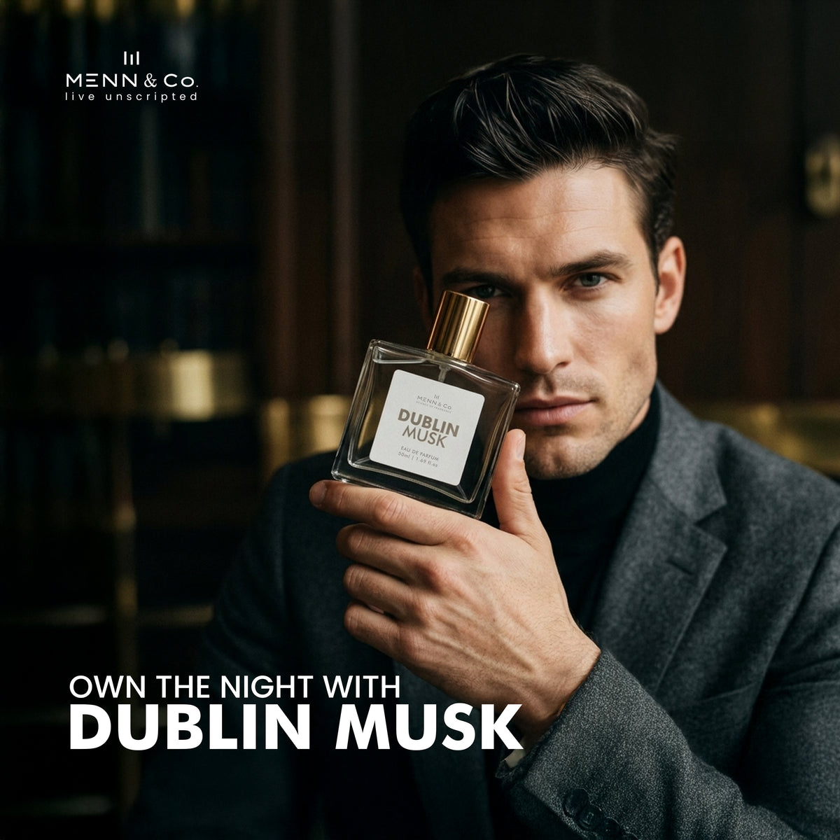 Man holding a Menn & Co Dublin Musk perfume bottle with Menn & Co branding.