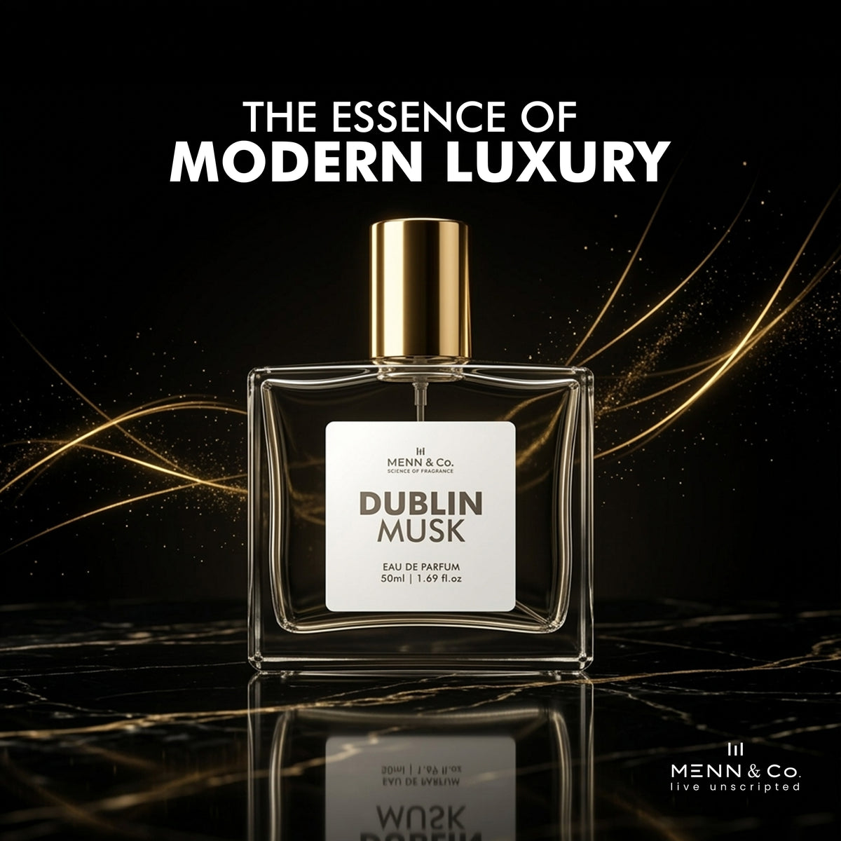 Perfume bottle labeled 'Dublin Musk' with gold cap on a dark background, featuring the text 'The Essence of Modern Luxury'.