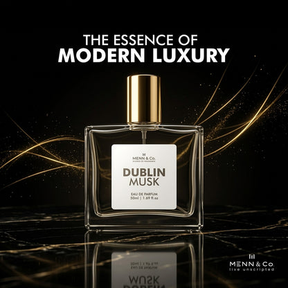 Perfume bottle labeled 'Dublin Musk' with gold cap on a dark background, featuring the text 'The Essence of Modern Luxury'.