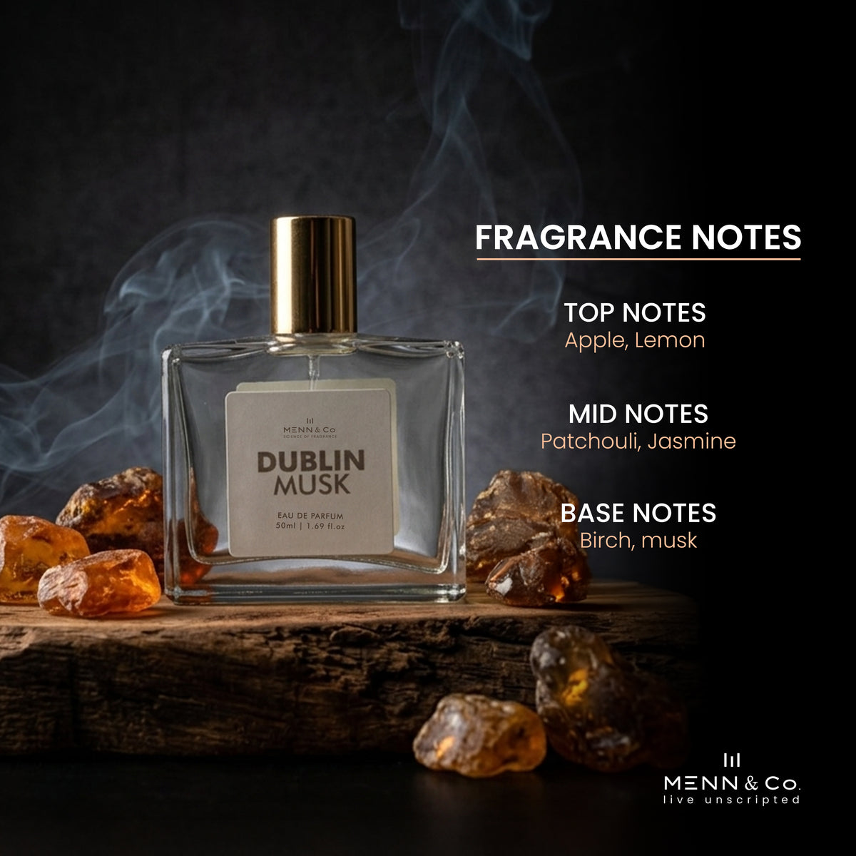 Perfume bottle labeled 'Dublin Musk' with fragrance notes on a dark background